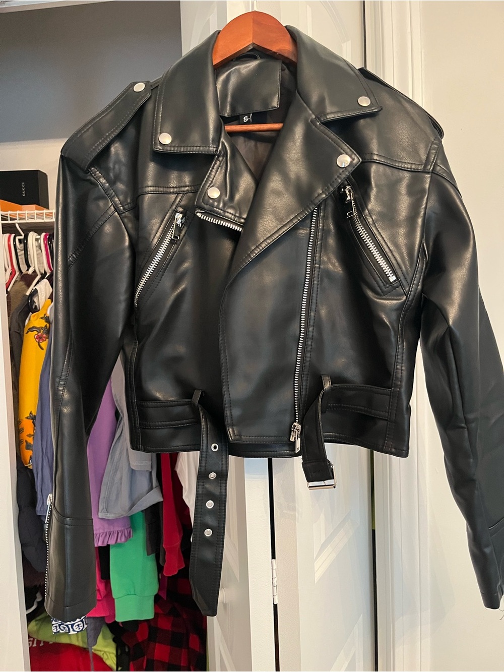 Black Faux Leather Moto Jacket with Belt